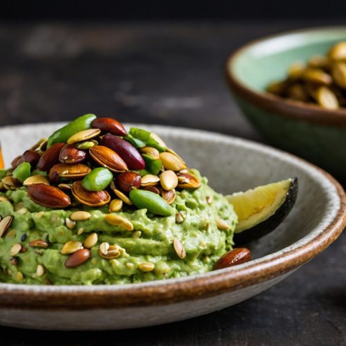 Close up view of guac with lime wedges