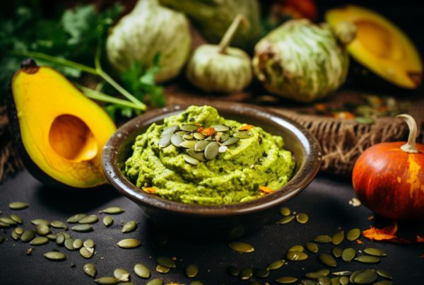 Wood bowl of guacamole on a table surrounded by the ingredients