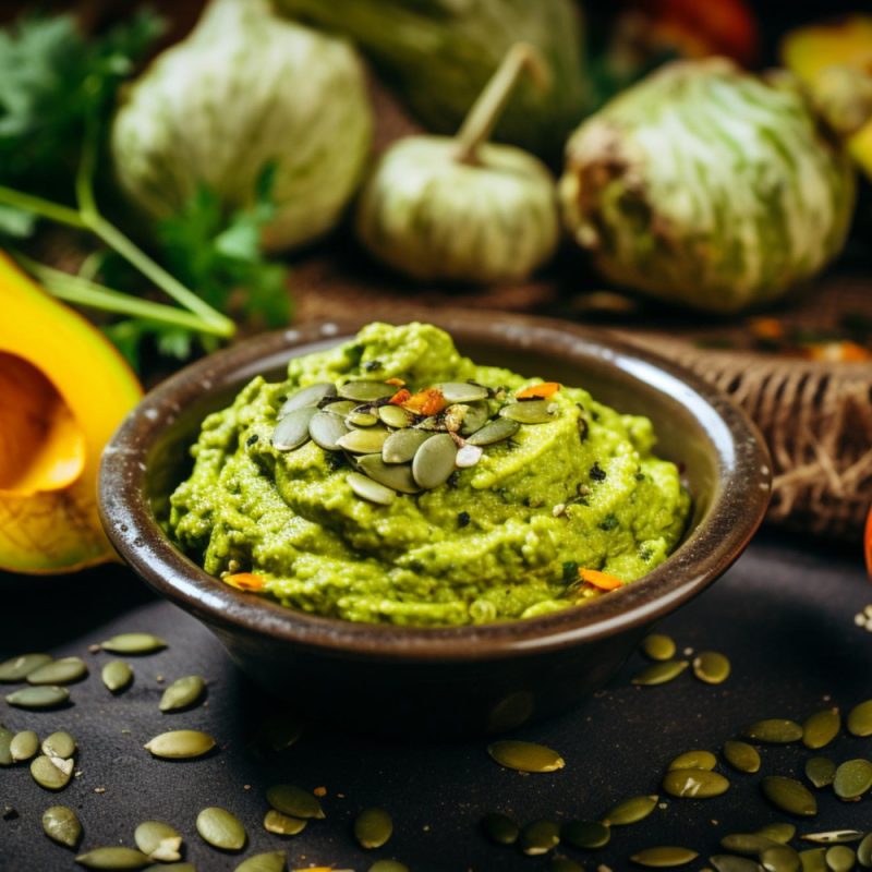 Wood bowl of guacamole on a table surrounded by the ingredients