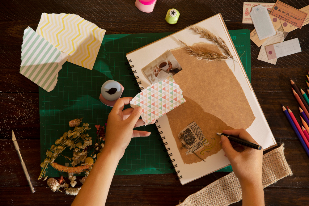 Working on a junk journal with scraps of paper
