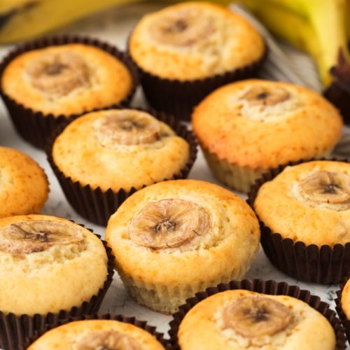 tray of banana muffins