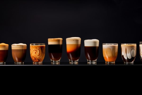 A line of coffees in clear glasses in front of a black background with varying shades of milk