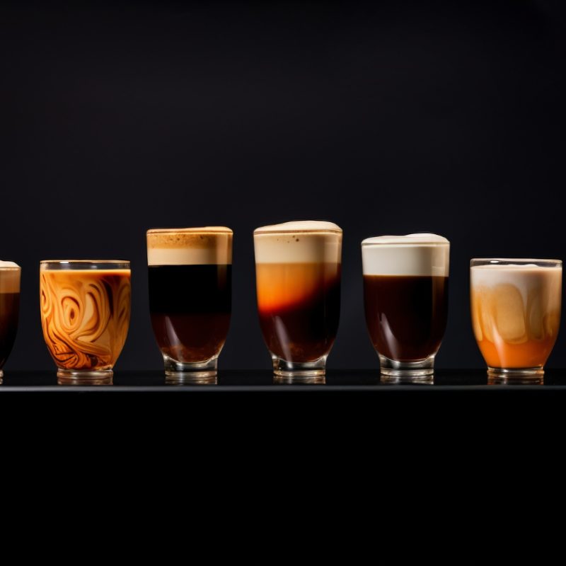 A line of coffees in clear glasses in front of a black background with varying shades of milk
