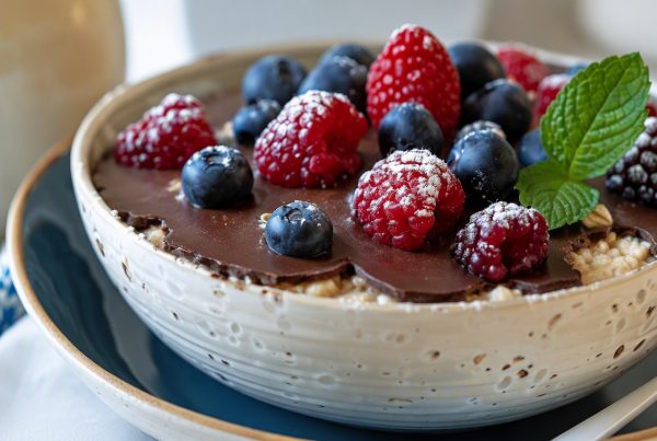 Overnight oats with a chocolate shell and fresh berries in a white bowl