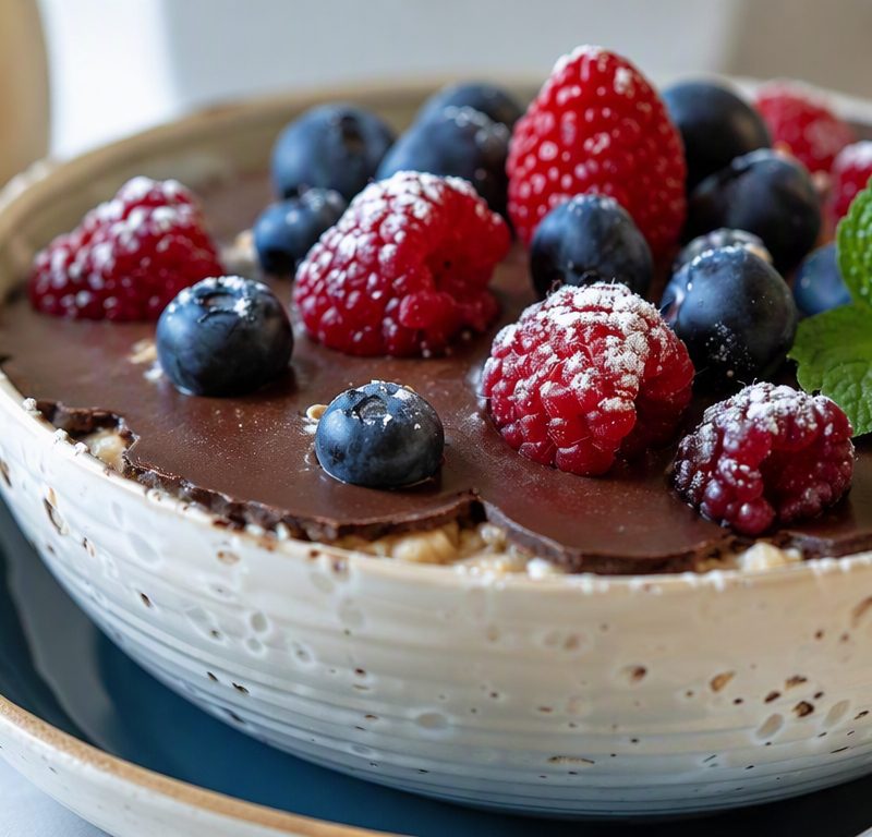 Overnight oats with a chocolate shell and fresh berries in a white bowl