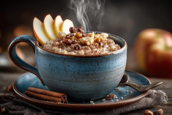 Steaming bowl of oatmeal with apple slices and raisins