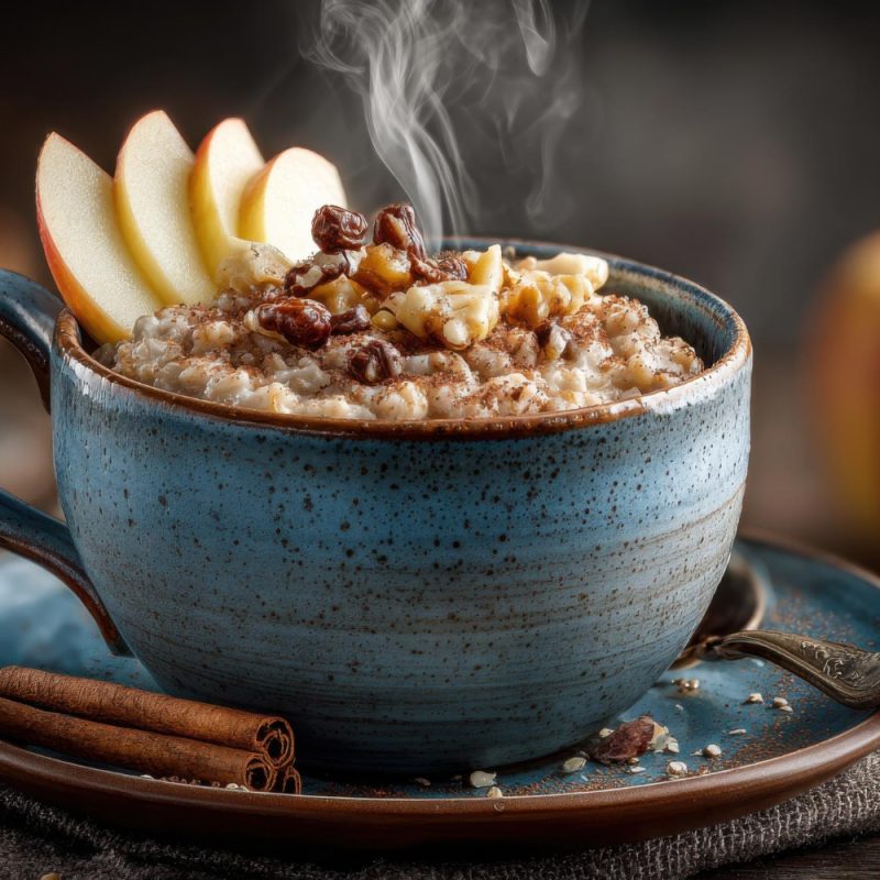 Steaming bowl of oatmeal with apple slices and raisins