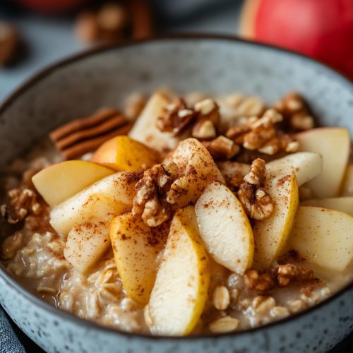 looking down on a bowl of oatmeal with apple slices, cinnamon and walnuts