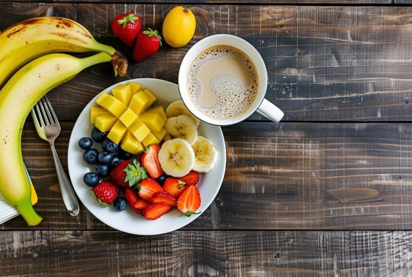 A cup of coffee with fresh fruit on a white plate on a wood table