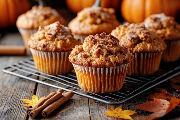 Pumpkin spice muffins on a cooling rack on a wood table